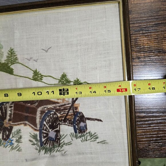 Vintage Framed Crewel #313 Old Wagon Wheel Farmhouse Landscape 17"x13" Rustic - Picture 13 of 14